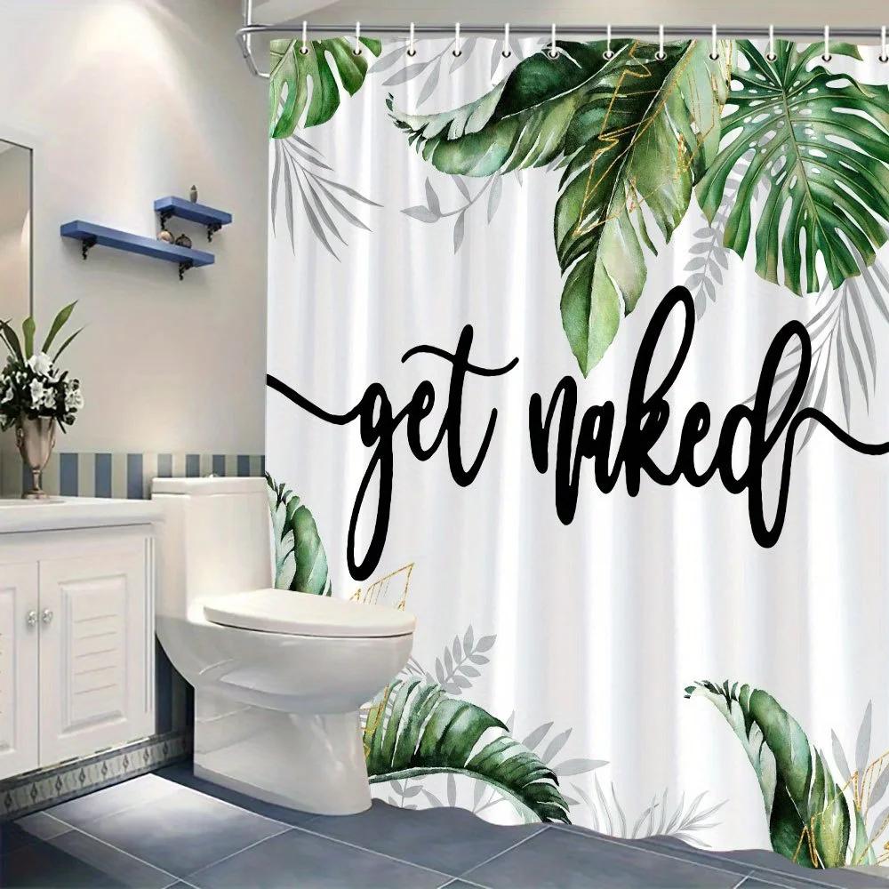 1 шт. Шторка для душа 'Get Naked' - Черный Курсивный Шрифт, Зеленые Тропические Листья и Золотые Акценты, Полиэстер, Современный Природный Дизайн