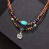 Classic Blue Turquoise Wooden Bead Necklace with Wax Rope and Metal Flower Accents