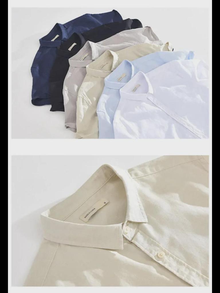 Мужская льняная рубашка темно-синего цвета с короткими рукавами — воротник-стойка, свободный крой, дышащая, универсальная, в японском ретро-стиле, повседневная.