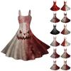Women's Vintage Sleeveless Pleated Patchwork Cute A-Line Hem Halloween Printed Dresses