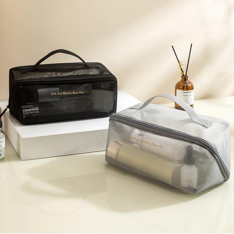 Mesh Transparent Storage Makeup Bag, Portable Cosmetics, Large Capacity Nylon Mesh Bag