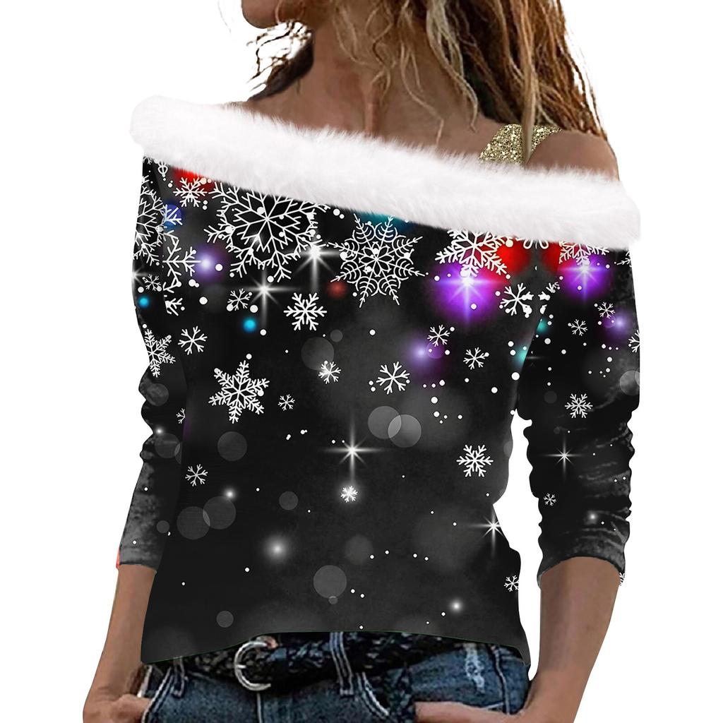 Женский повседневный свободный топ с длинными рукавами и рождественским принтом из плюша