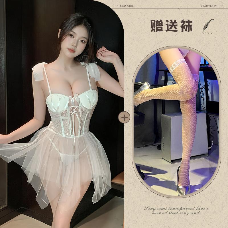 Sexy underwear, sexy slim mesh perspective plus chest pad, steel ring gathering suspenders, nightdress women's suit