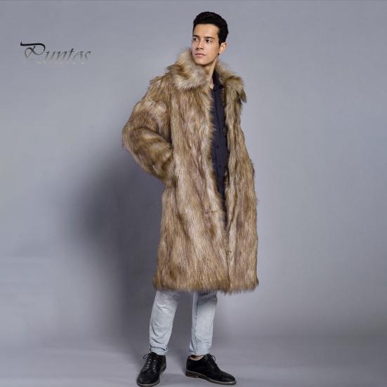 Мужское длинное пальто из искусственного меха с отворотом и длинным рукавом, ветрозащитное пальто с открытым передом, утолщенное теплое пальто из искусственного меха