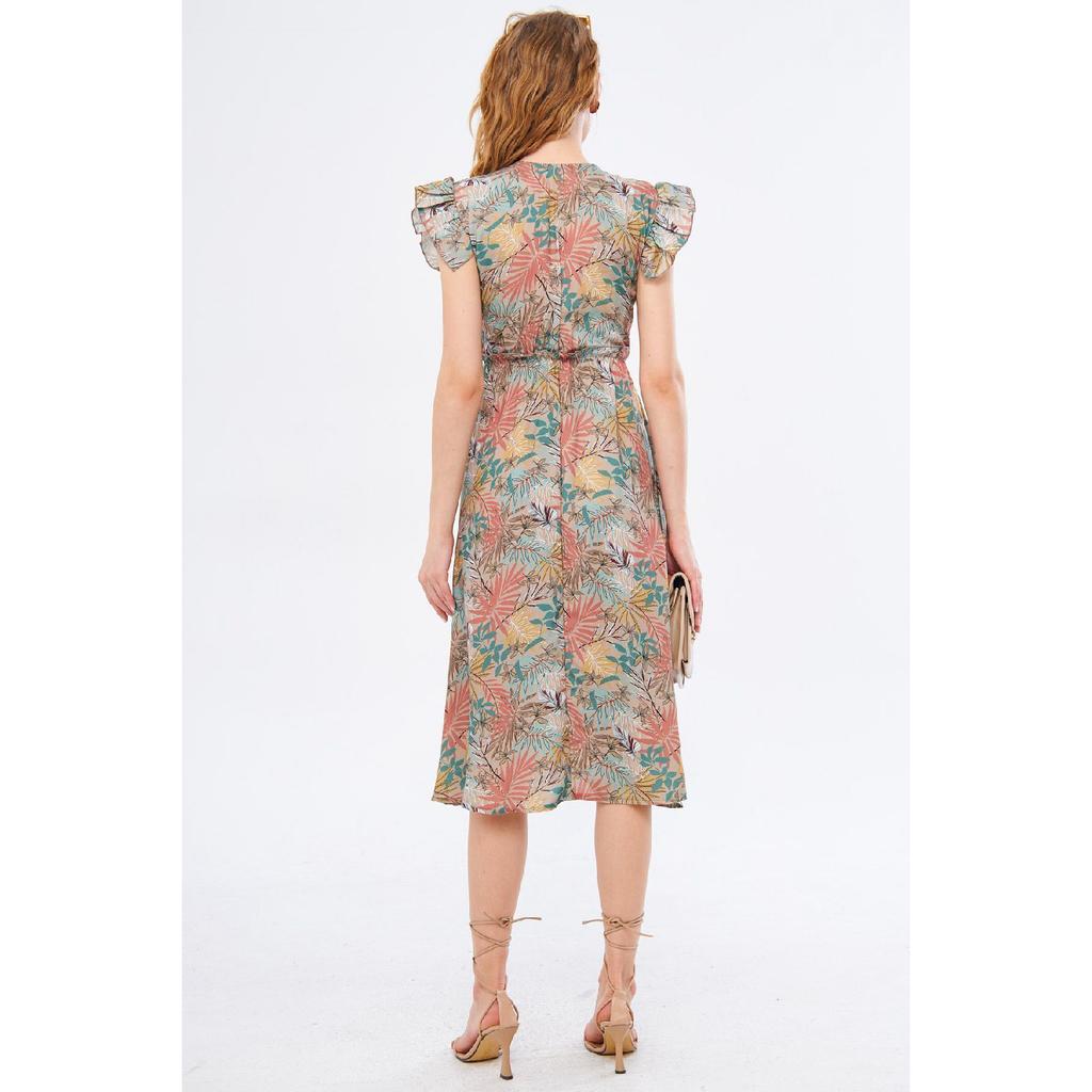 Женское бежевое платье-миди, двубортный воротник, рюши на плечах, эластичная резинка на талии, длина миди, рука-24y001020