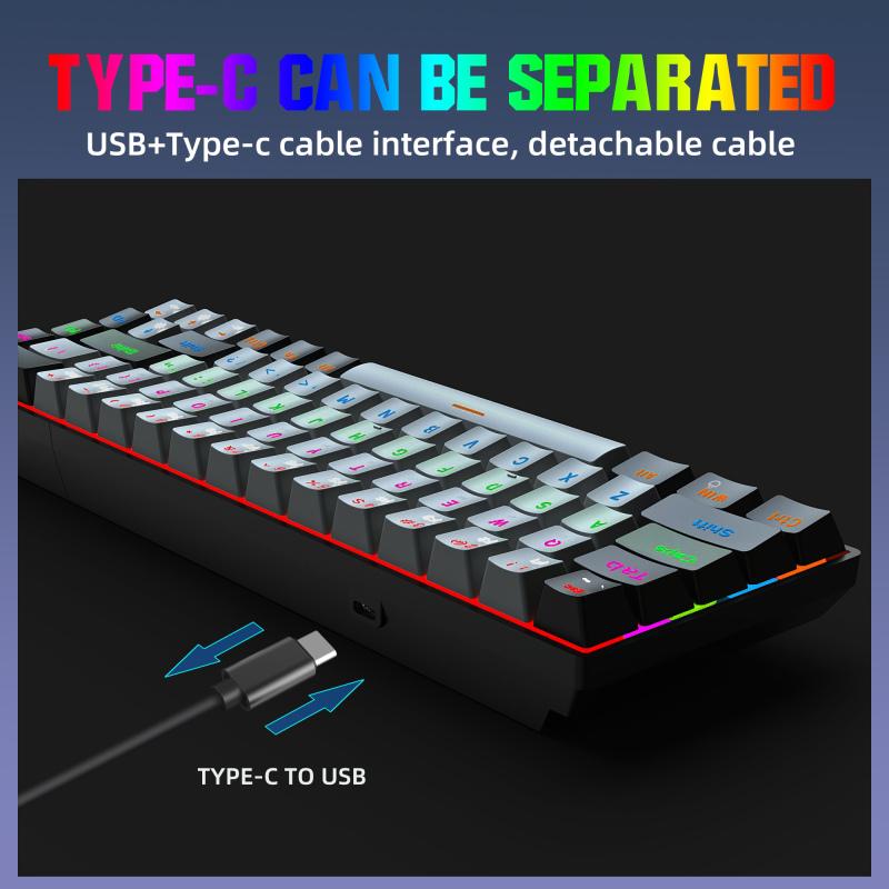 Механическая клавиатура с 68 клавишами, зеленая ось, красная ось, двухцветная RGB-подсветка, разделение клавиш с несколькими клавишами