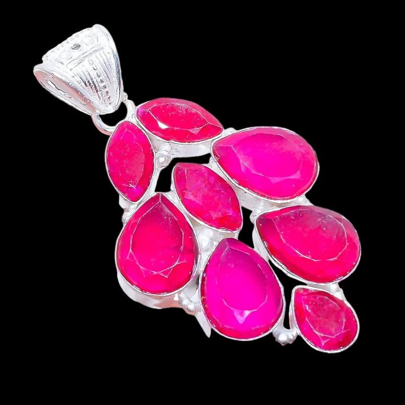 Faceted Ruby Gemstone 925 Sterling Silver Jewelry Pendant 2.2" AH-3406