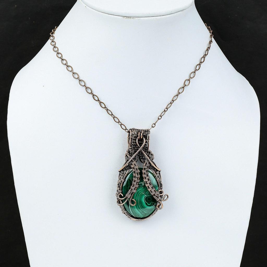 Подвеска из малахита, подвеска, обернутая медной проволокой, подвеска ручной работы, этнические украшения, подвеска из натурального драгоценного камня, украшения из медной проволоки, свадебный подарок