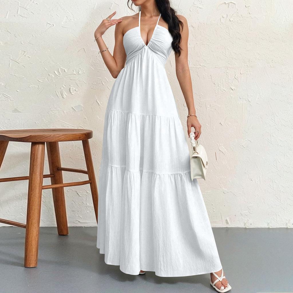 Women's Summer Casual Fashion Solid Color Dresses V-Neck Sleeveless Dresses