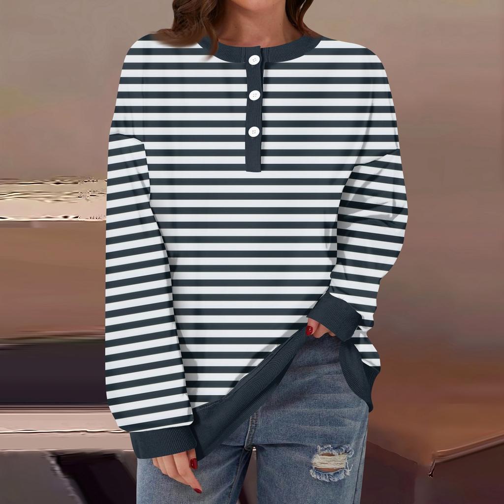 Женская повседневная мода удобная полосатая футболка с длинным рукавом и круглым вырезом на пуговицах, свободный подол с боковыми разрезами
