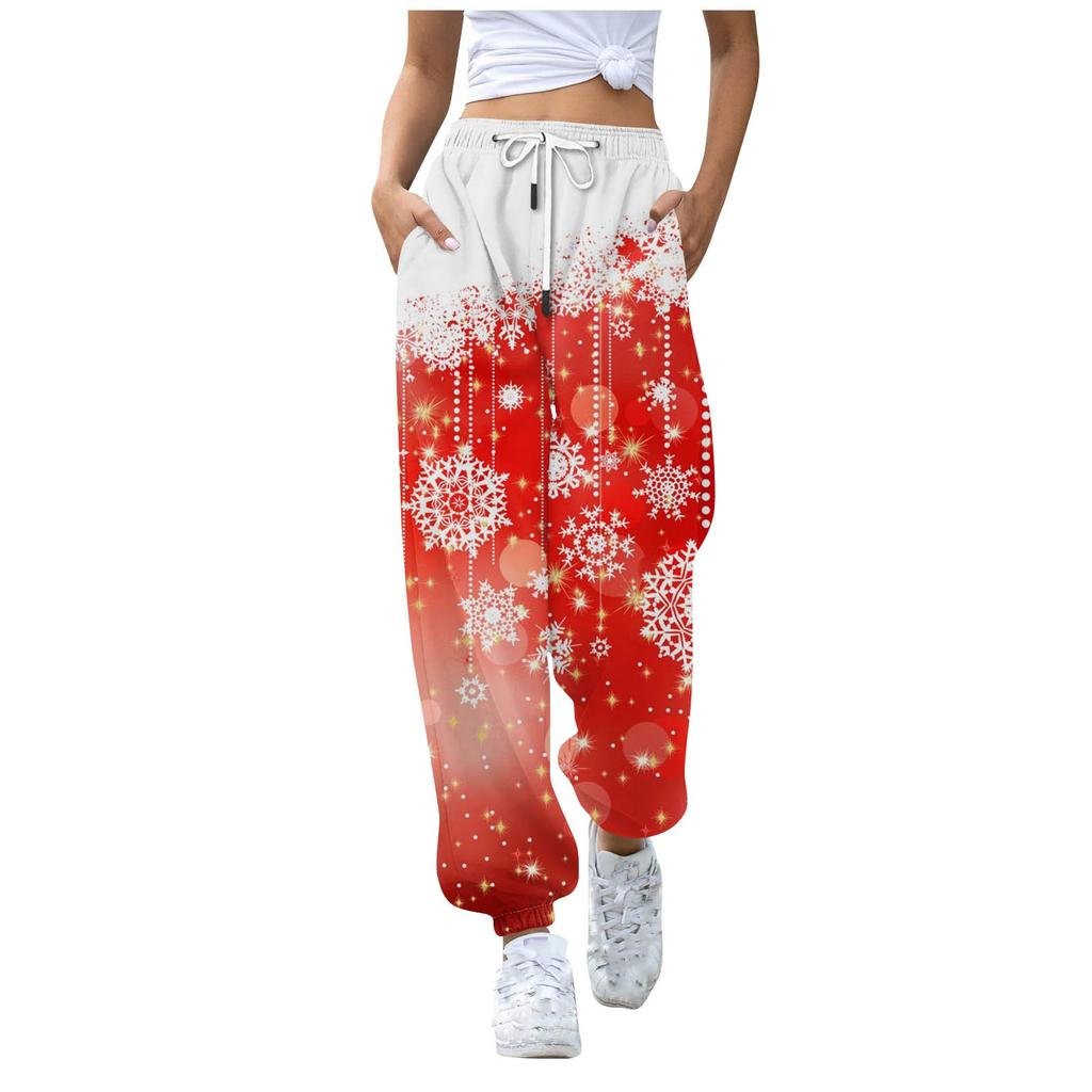 Женские повседневные брюки для отдыха с рождественским принтом, спортивные брюки, брюки с эластичной резинкой на талии, брюки с завязками на шнурке