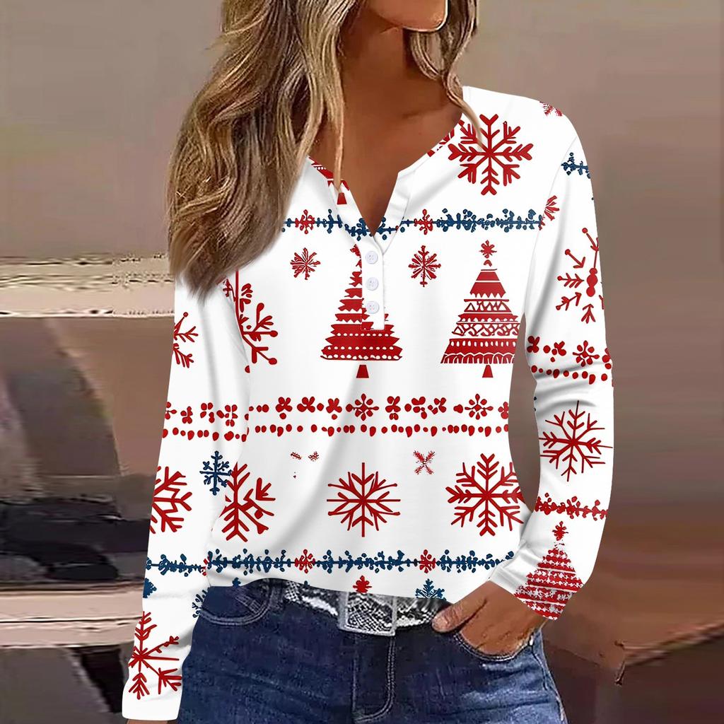 Women's T Shirt Tee Christmas Print Button Long Sleeve Daily Weekend Fashion Basic V- Neck Regular Top