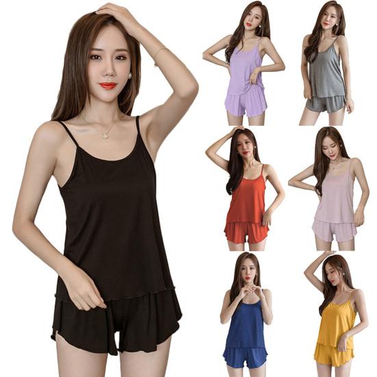 Solid Color Women Silk Spaghetti Strap Camisole Top Shorts Set Sleepwear Pajama