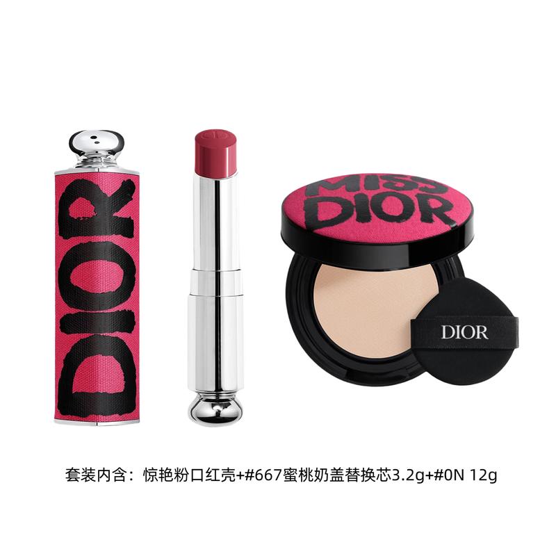 Dior Потрясающий Розовый Ограниченный Сатиновый Lock Cushion Тональная основа-кушон Помада Набор для макияжа Кремовая кожа Шелковистая Натуральный Усиливающий цвет Помада #667+Сменный блок #0N