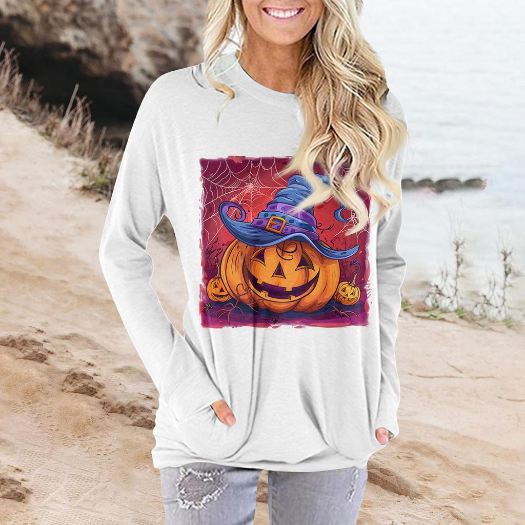 Женская модная повседневная футболка с круглым вырезом и принтом, длинными рукавами и карманами