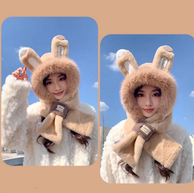 New Fashion Thickened Hat Scarf with Cute Ears Plush Winter Women's Hats Beanies Pompom Knit Bonnet Fluffy Winter Cap Bomber Hats For Women