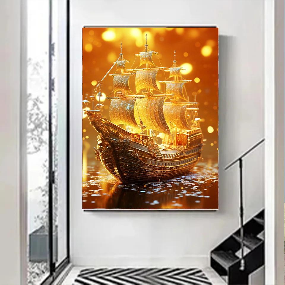DIY 5D Алмазная картина парусник Алмазная вышивка Золотой корабль Вышивка крестом Полный круглый квадратный дрель Мозаика Ручной художественный подарок Декор