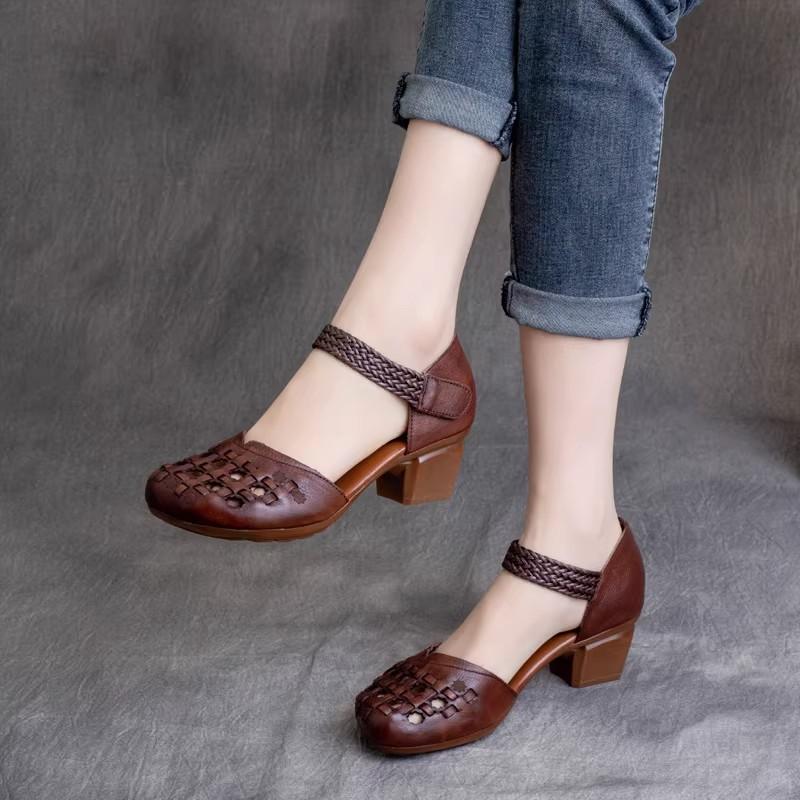 GKTINOO 2025 Лето Новые Ретро Туфли из Натуральной Кожи Женские Ретро Ажурные Сандалии Женские на Липучке Толстый Каблук Женская Обувь
