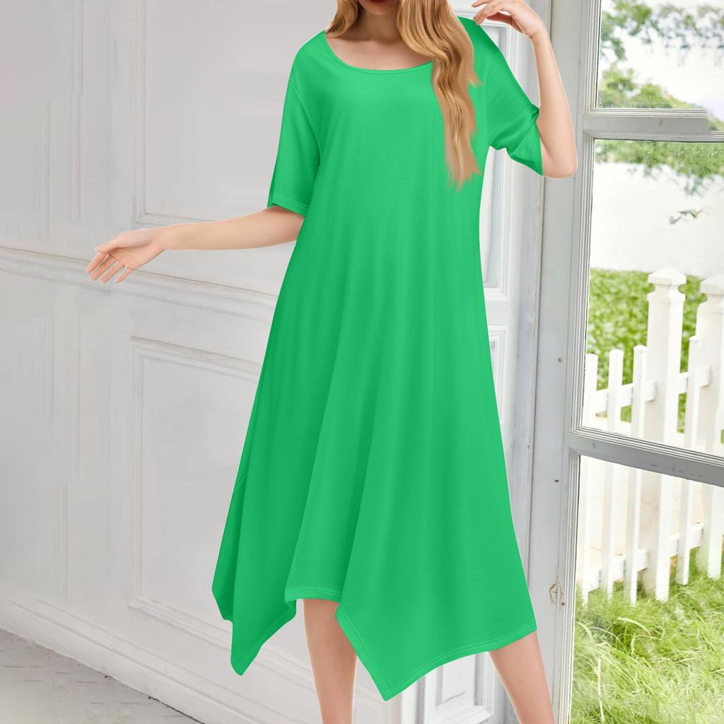 Женское повседневное модное платье миди с круглым вырезом и коротким рукавом, однотонное, с неровным подолом