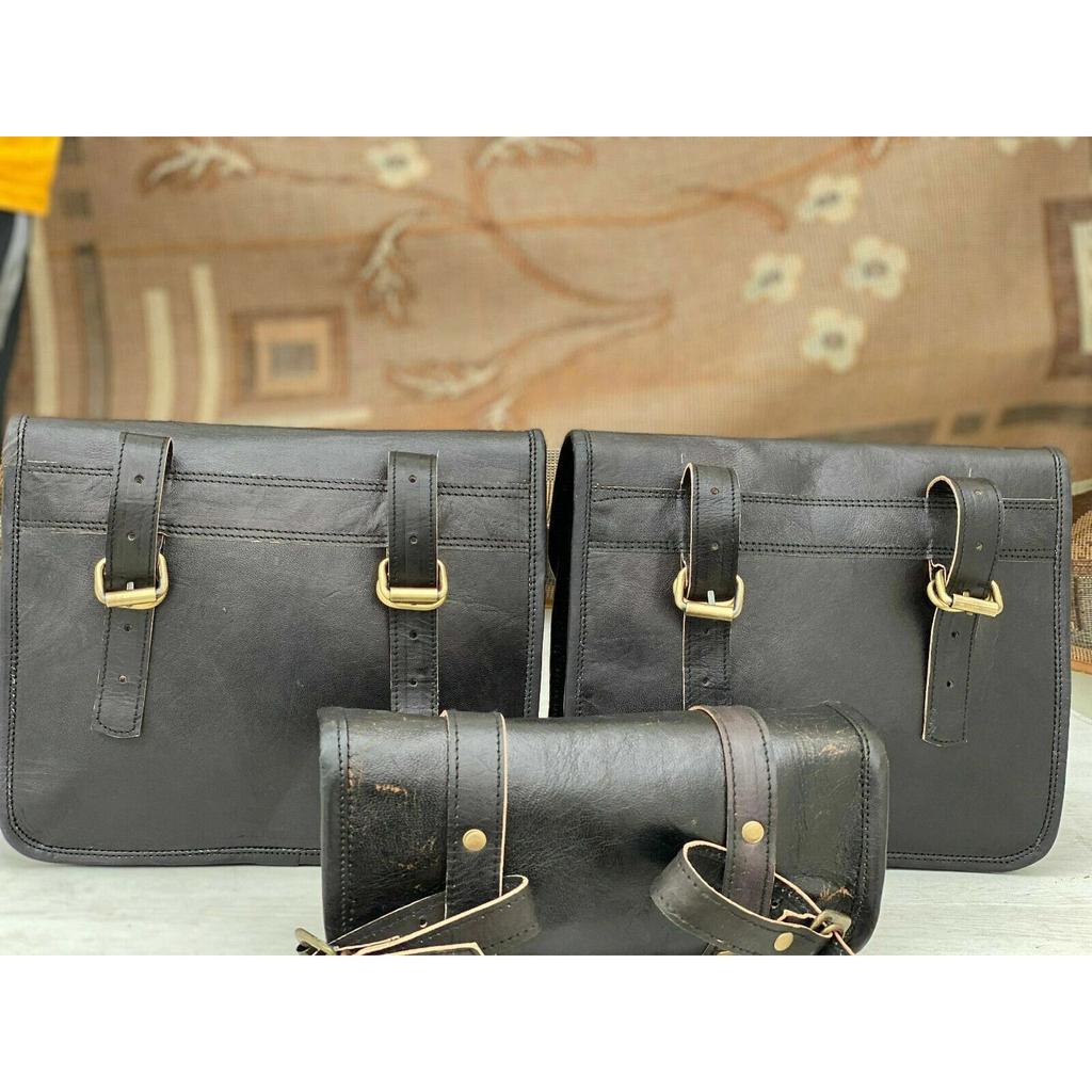 Bags 3 Side Pouch Panniers( Waxed Bull Hide Black Leather) Motorcycle Saddle