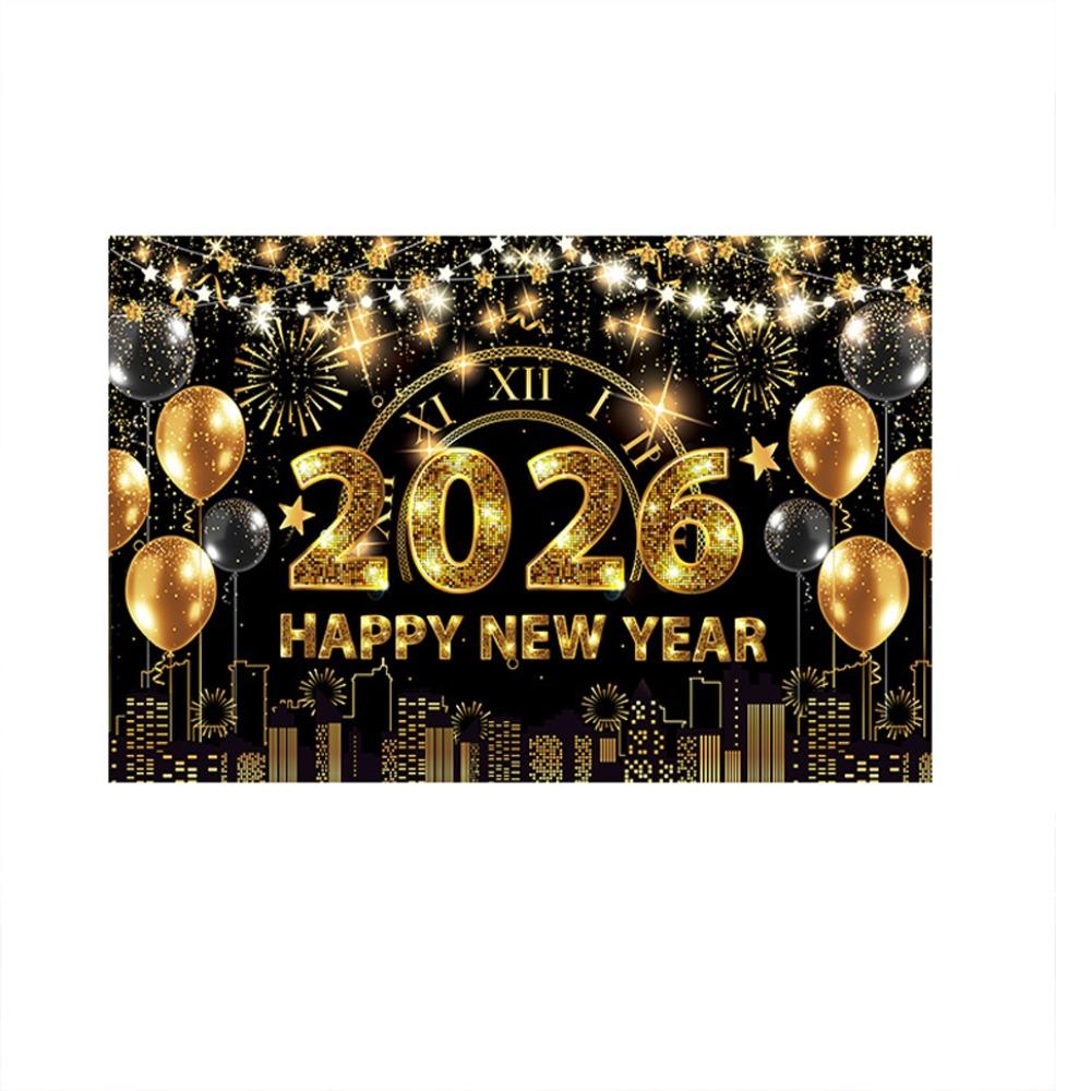 Black Gold 2026 New Year Backdrops Polyester Night Glittering Party Background Colorful Balloon Champagne Photo Background