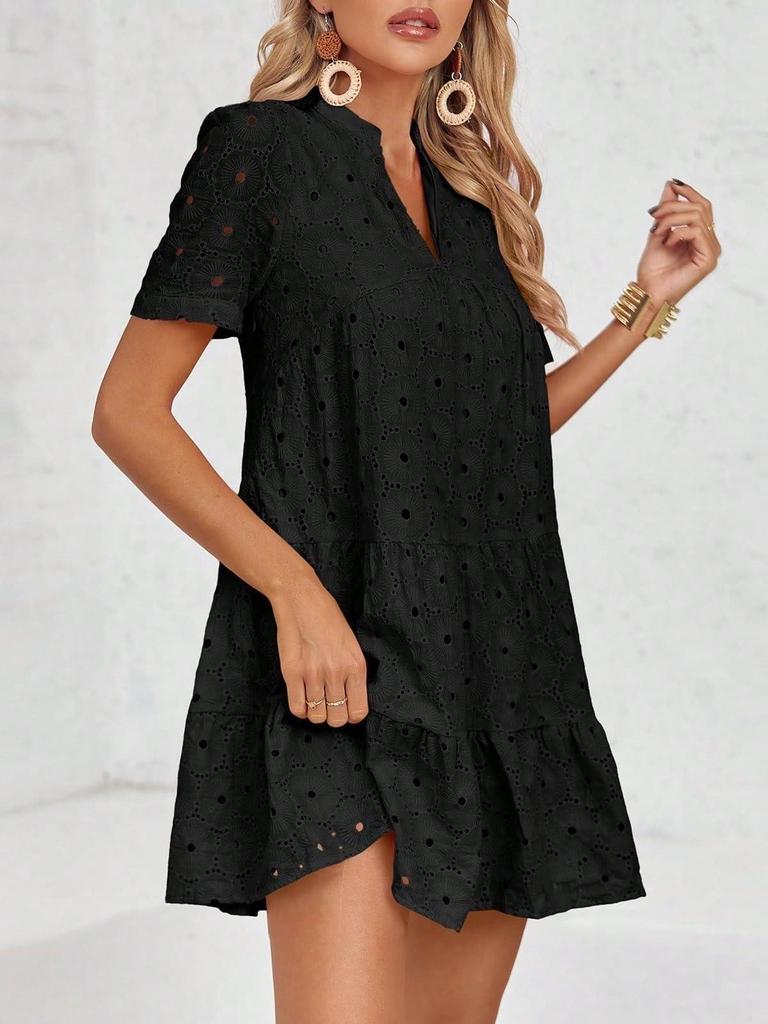 Women's Eyelet Lace Babydoll Dress Short Sleeve V Neck Flowy Summer Tunic Dress