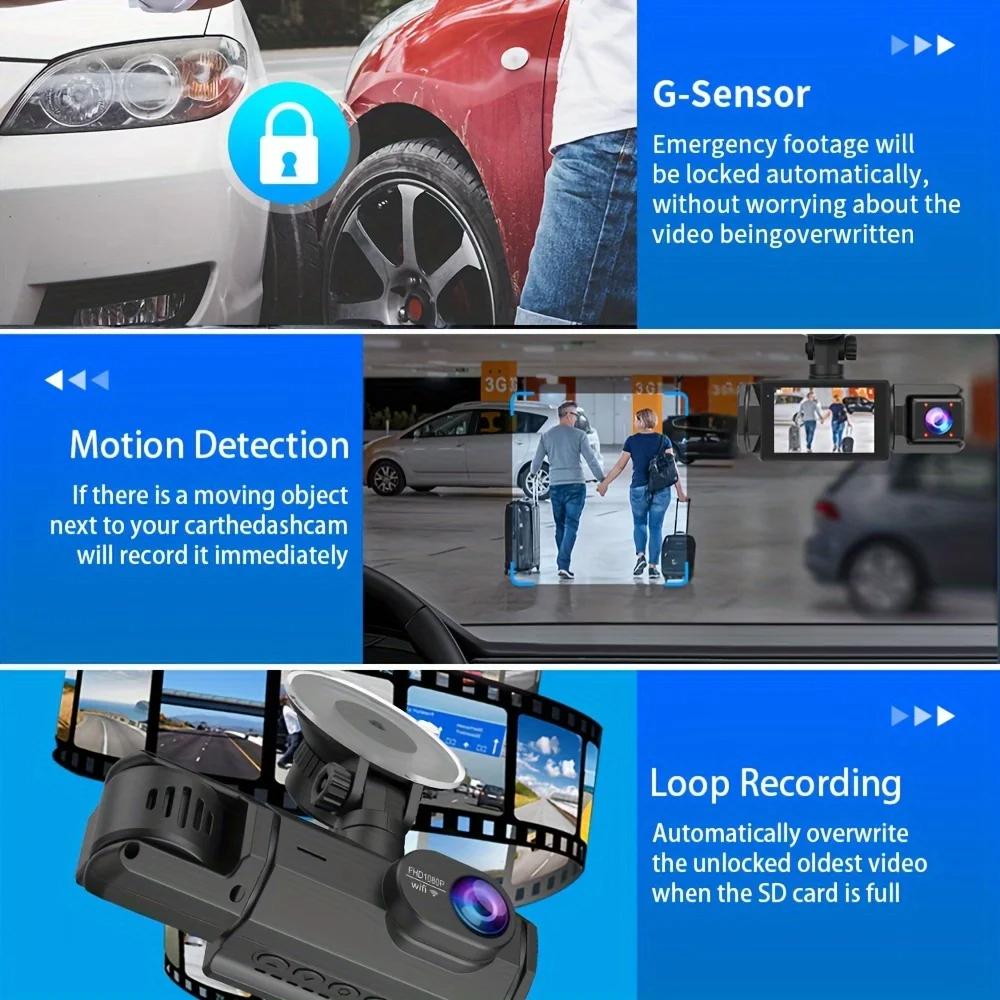 3-канальный видеорегистратор WIFI CAR DVR 1080P 3-объективный видеорегистратор для автомобиляТрехсторонняя камераЧерный ящикРегистратор Видеокамера