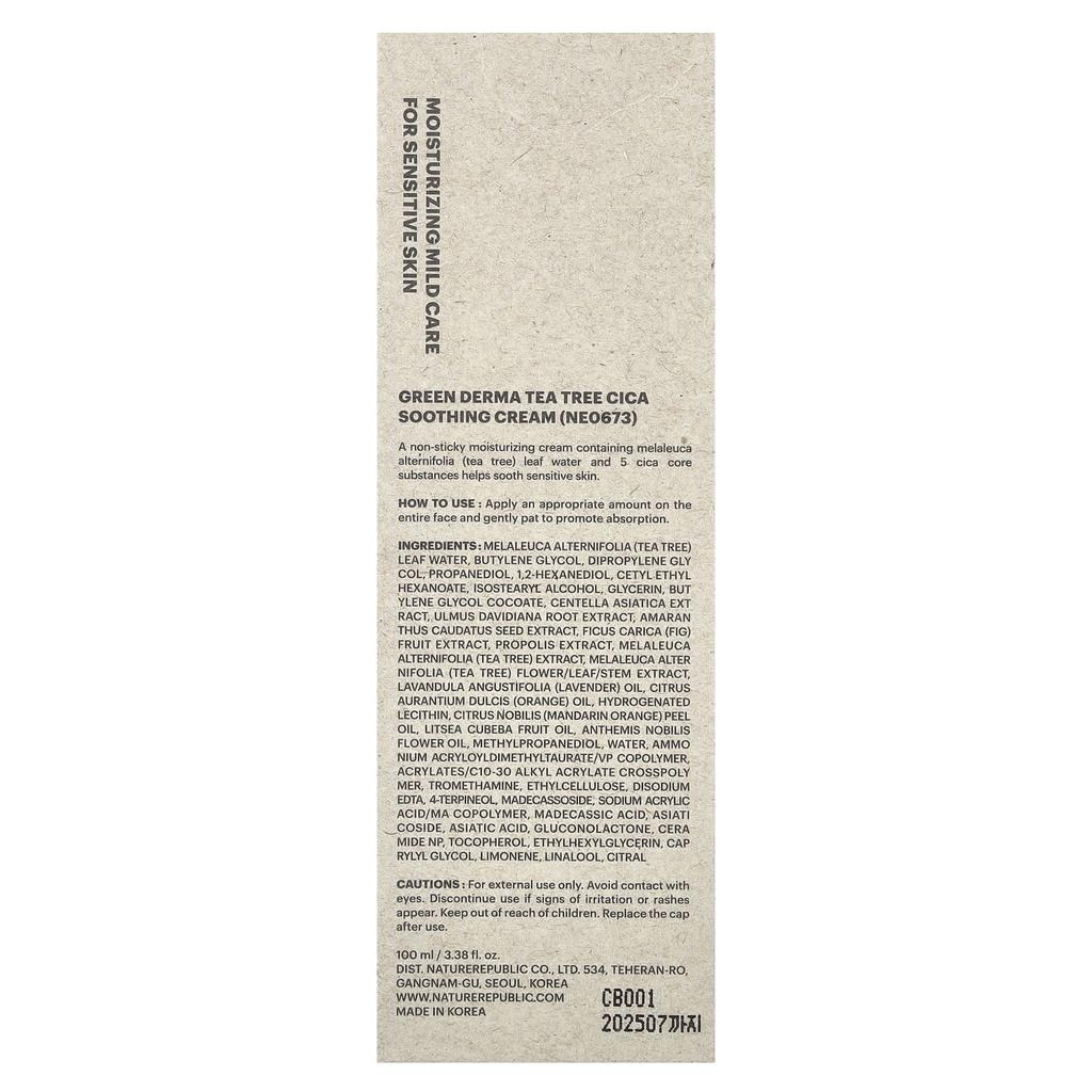 Nature Republic Green Derma Tea Tree Cica, Soothing Cream, 3.38 Fl Oz (100 Ml)