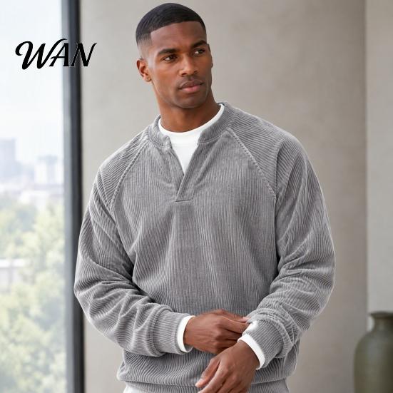 Soft Textured Buttonless Tops Men Corduroy Layered Tops, V Neck Raglan Long Sleeve Pullover Loose Fit Basic Fake Two Pieces for Daily Wear Breathable