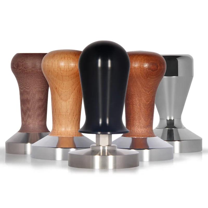 58mm Calibrated Pressure Wood Coffee Tamper Espresso Elastic Powder Compactor 304 Stainless Steel Coffee Powder Hammer