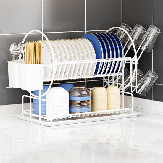 Стеллаж для сушки посуды из нержавеющей стали, двухъярусная кухонная стойка для хранения с антикоррозийным покрытием, большой держатель для посуды, система слива, хранение тарелок и чашек