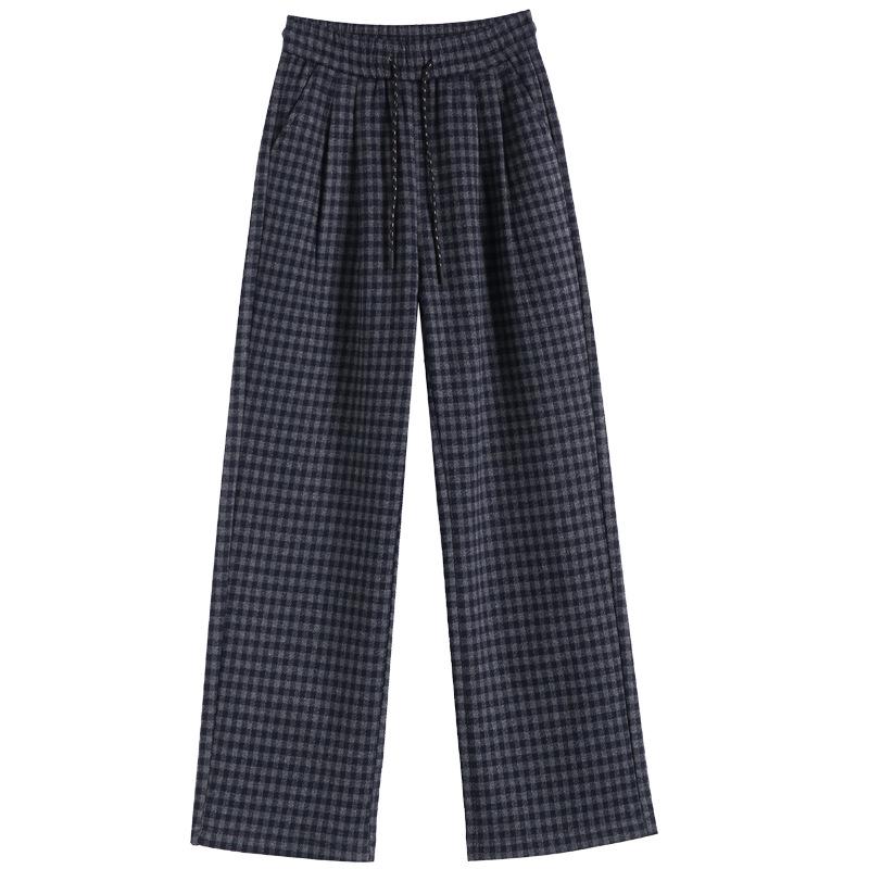 Zhengzhou Women's High Waist Retro Plaid Pants: Autumn/Winter Loose Slim Fit, Straight/Wide Leg, Fleece 2697.