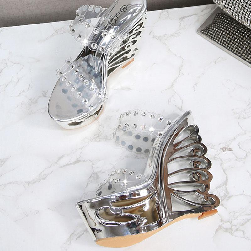 Женская обувь, двухрядные шлепанцы на высоком каблуке с перфорацией, асимметричный каблук, танкетка, серия 1076, каблук 15 см, платформа 5 см, LFD