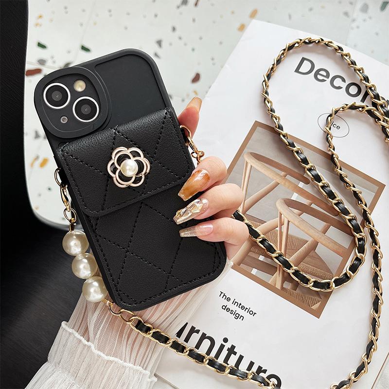 Роскошный чехол-кошелек с ромбической камелией для iPhone 15 14 13 12 11 Pro Max XR XS 7 8 Plus, кожаный чехол с ремешком через плечо с жемчугом