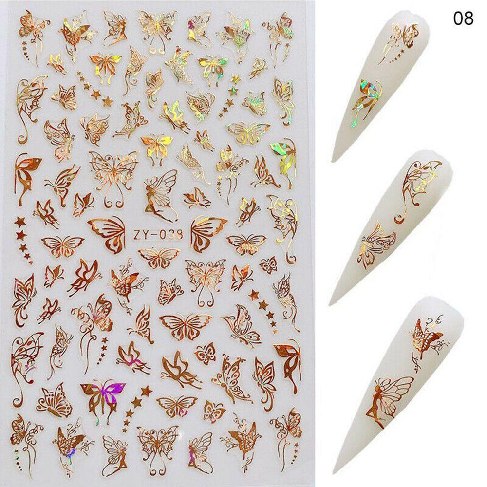 Hot Nail Decals Gold Silver DIY Nail Stickers 3D Butterfly Adhesive Holographic