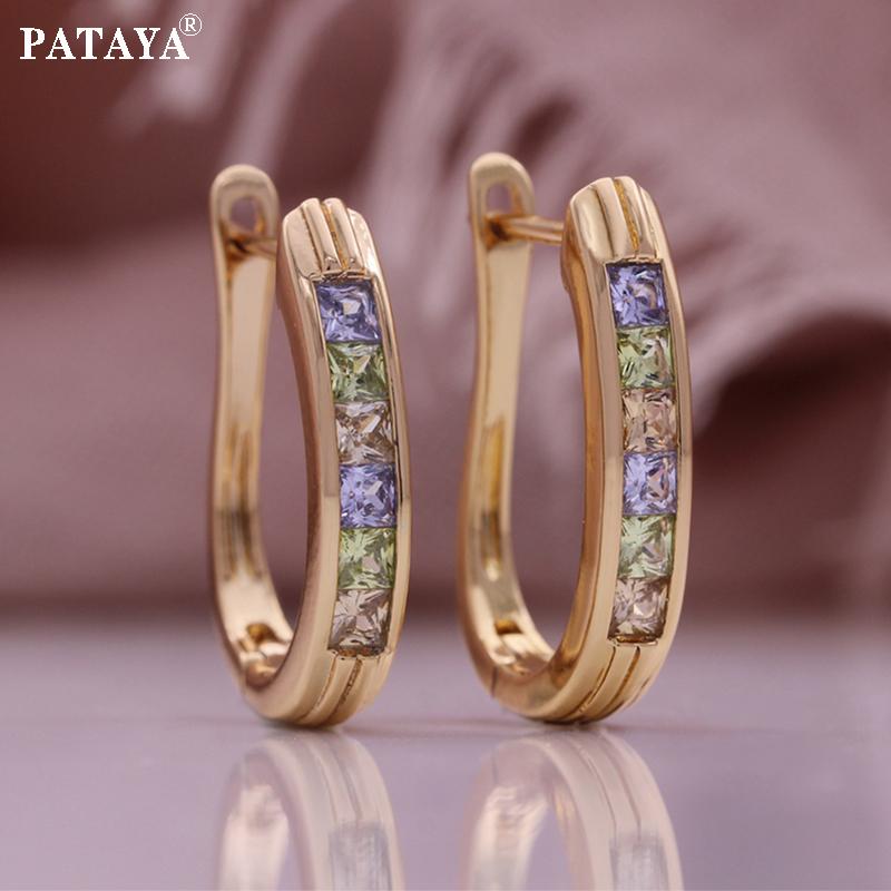 PATAYA Серьги цвета розового золота с инкрустацией разноцветного циркона в стиле U