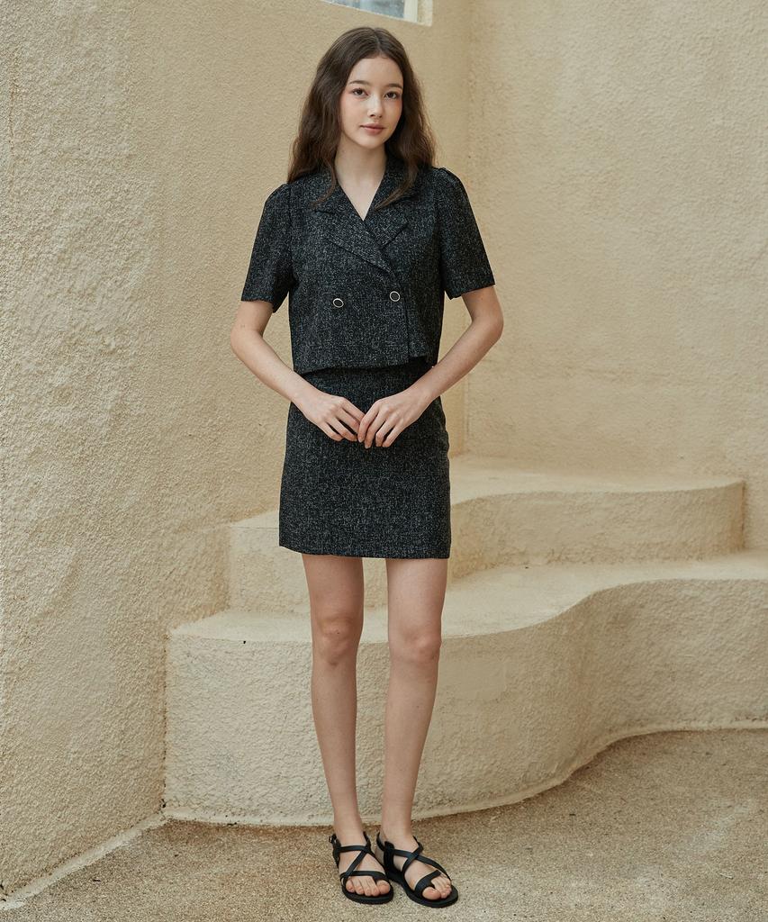 Bye Bye Seop [Set] Tweed Half Jacket + H-Line Mini Skirt Black