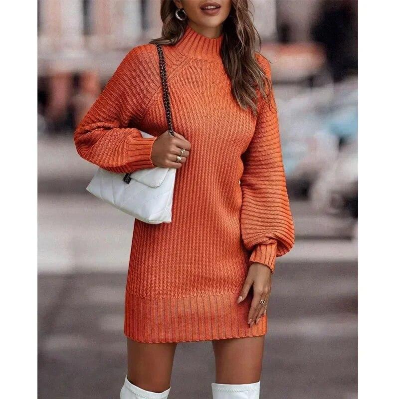 Casual Solid Turtleneck Sweater Dress Winter Knitted Long Sleeve Knitwear Dress Fashion Office-lady Clothing 29885
