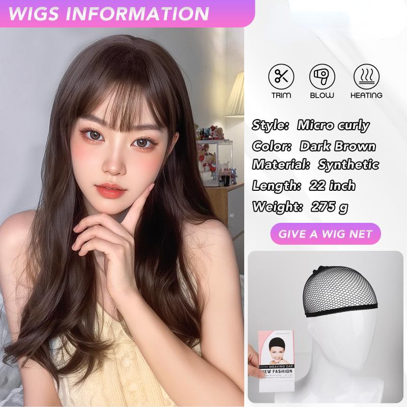 22-дюймовые коричневые вьющиеся парики с воздушной челкой из синтетического термостойкого волнистого волоса, милые и натуральные вечерние или селфи, корейская мода