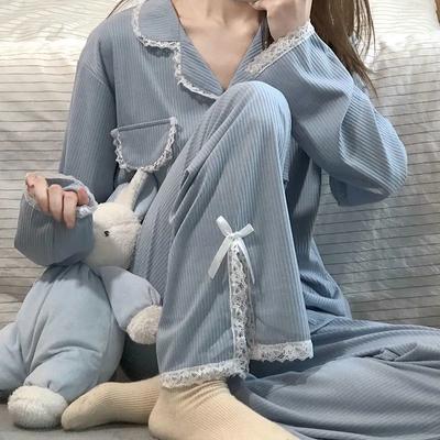 Кружевная пижама Женские пижамные комплекты Kawaii Одежда Кардиган Длинный рукав Длинные брюки Пуговицы Ночная одежда Домашние комплекты Пижамы