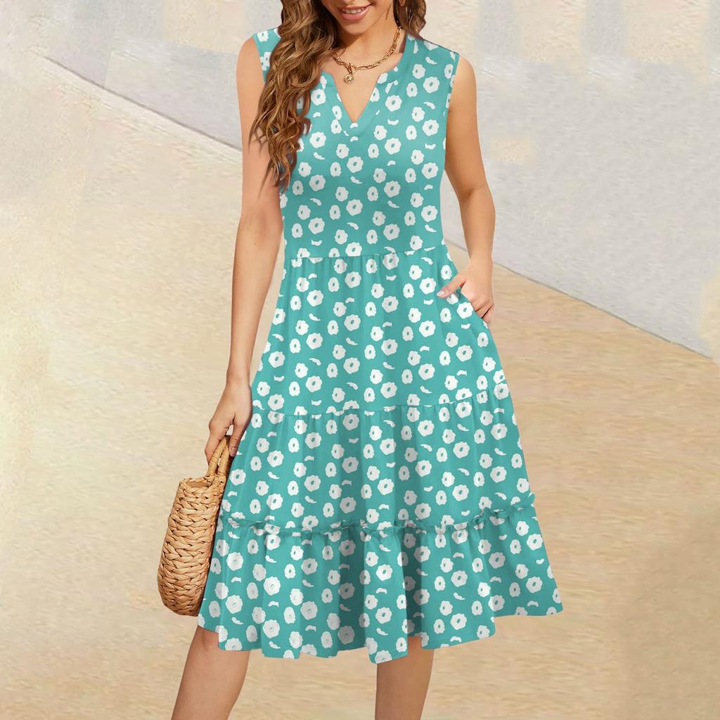 Женские летние повседневные платья без рукавов с V-образным вырезом и плиссированными оборками в винтажном стиле с цветочным принтом