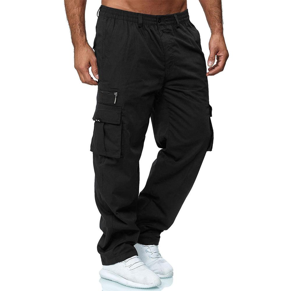 Men Casual Trousers Multi Pocket Cargo Pants Middle Waist Solid Color Loose Clothes Outdoor Sports Long Pants