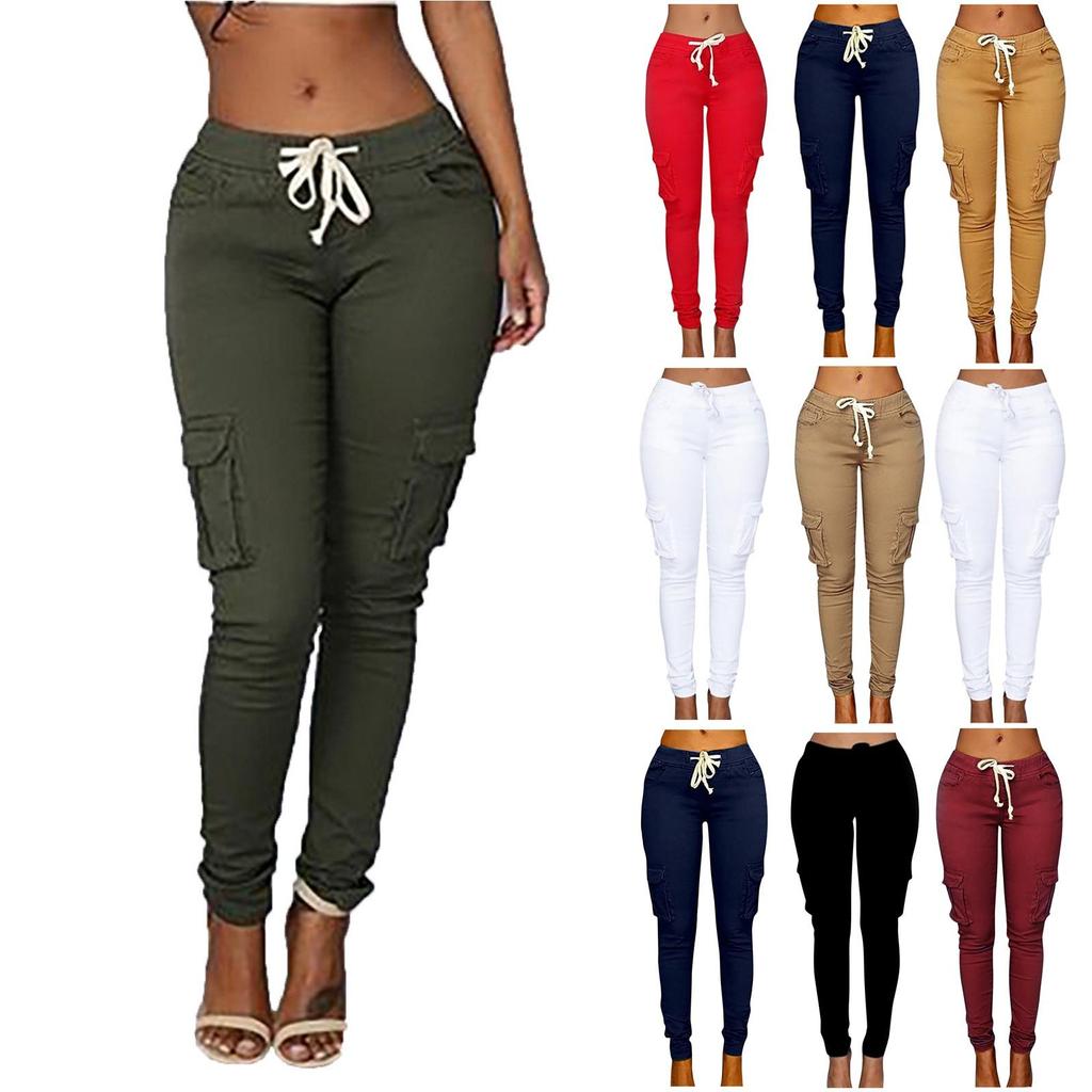 Women's Solid Color Casual Elastic Waist String Side Pocket Pencil Pants