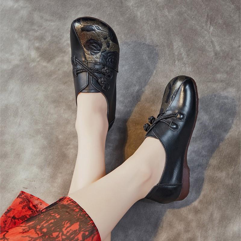 Johnature Туфли из натуральной кожи на мягкой подошве в этническом стиле, женские туфли без шнуровки на плоской подошве с круглым носком и принтом в стиле ретро