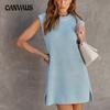Весенние и летние женские платья без рукавов, однотонные вязаные платья с круглым вырезом, модные пригородные платья с разрезом