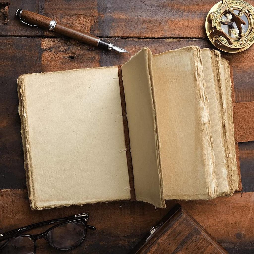 Vintage A5 Size Handmade Diary with Deckle Edge Paper and Leather Cover Office Planner Writing Notebooks