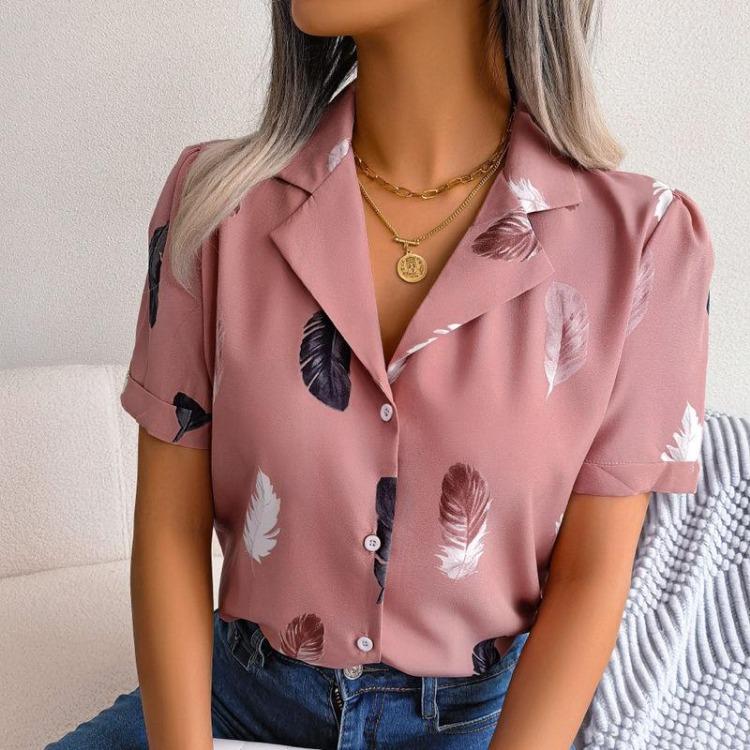 Women's Summer Casual Loose Feather Collar Short Sleeve Blouse Top All Match Shirt Suit