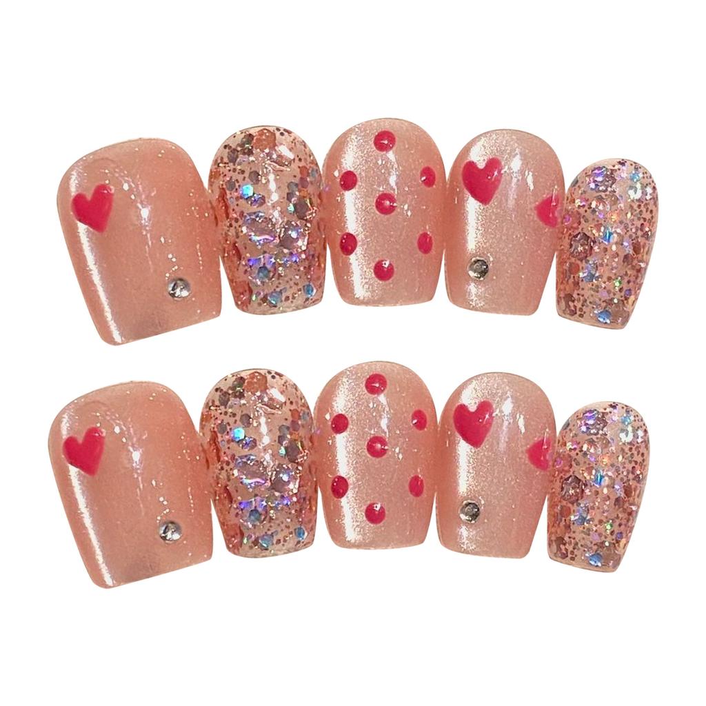 10PCS Heart Cat Eye Rhinestone Fake Nails for Sweetheart Design