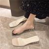 Summer New Slippers Go Out Wearing Square Head Open-toed Sandals Medium Thick Heel High Heels Transparent Crystal One-word Sandals