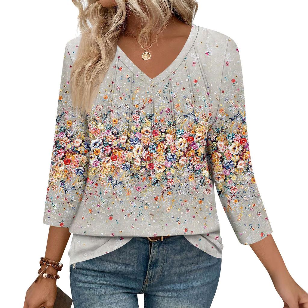 Women's Casual Tops V Neck Pull Stripe Prints Seven Sleeve Tops